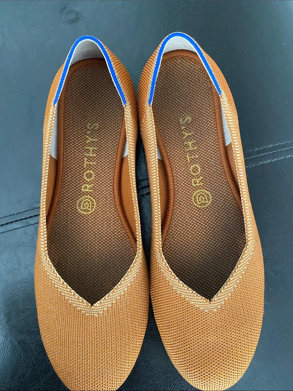 Rothy's Caramel Knit Flats with Blue Trim - Picture 3 of 10